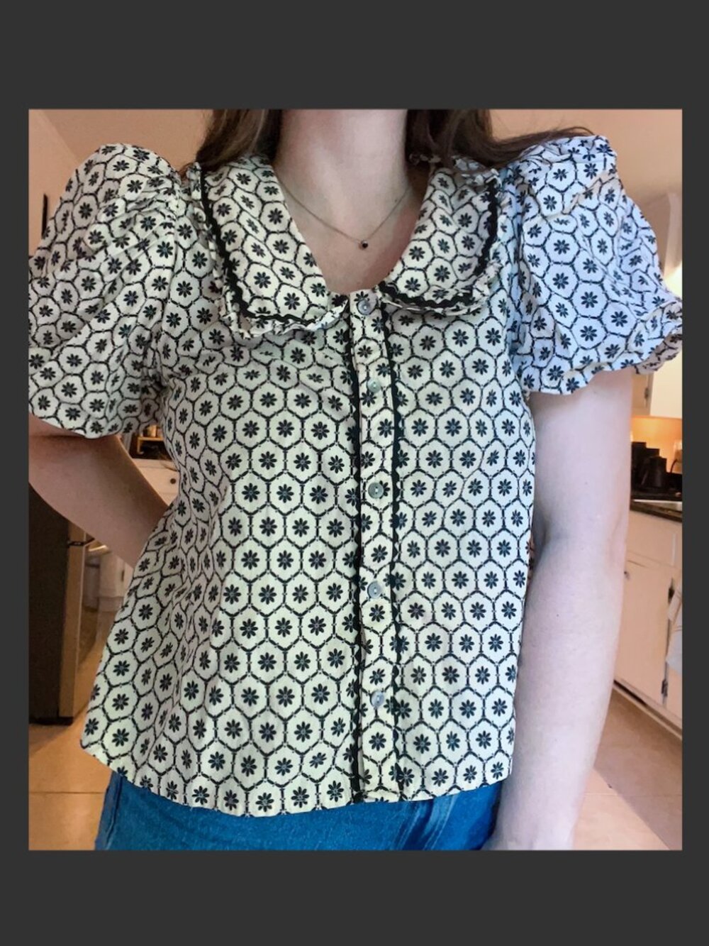 bohme black and cream graphic puff sleeve collar top
